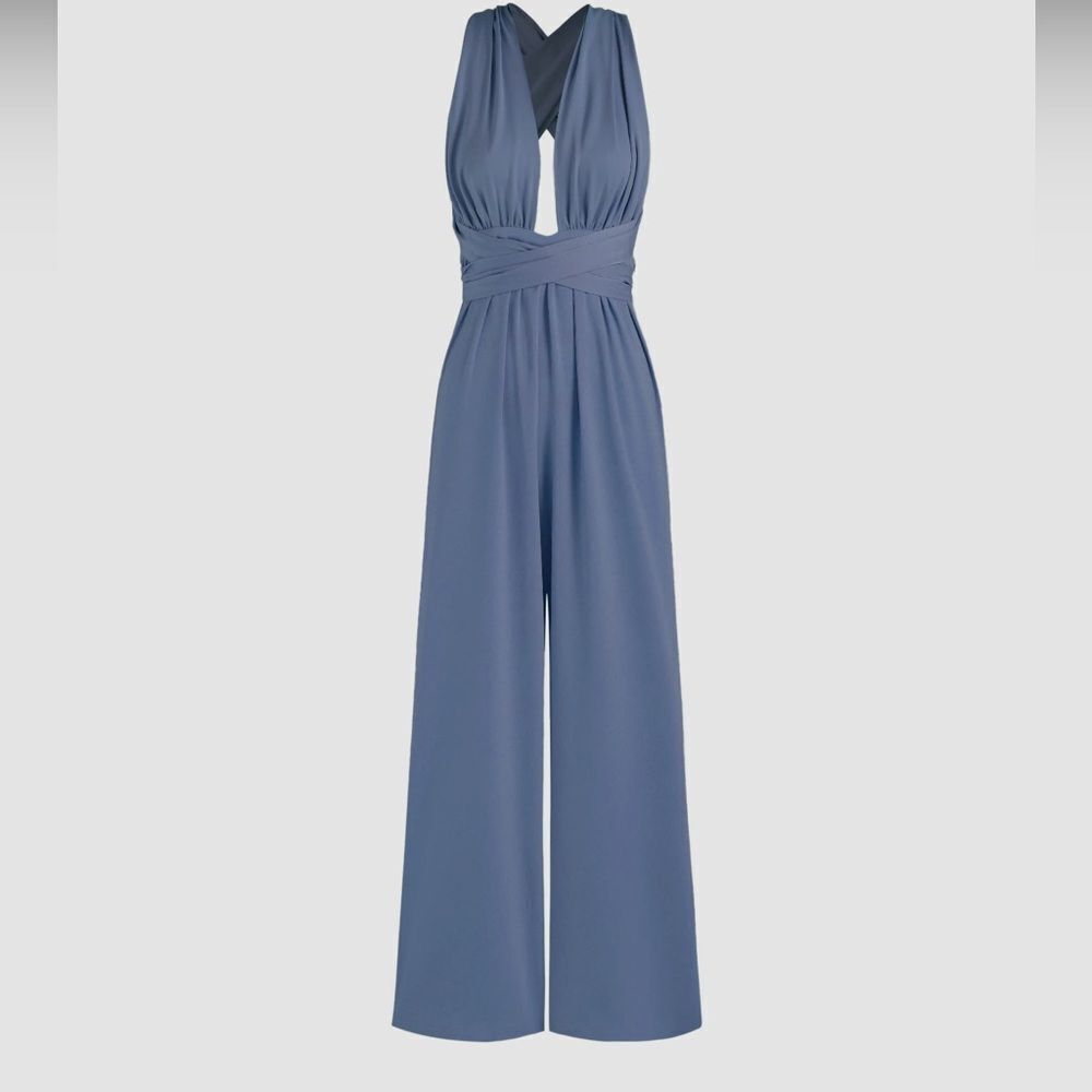 Cider Deep V Tie back Elegant Blue Jumpsuit